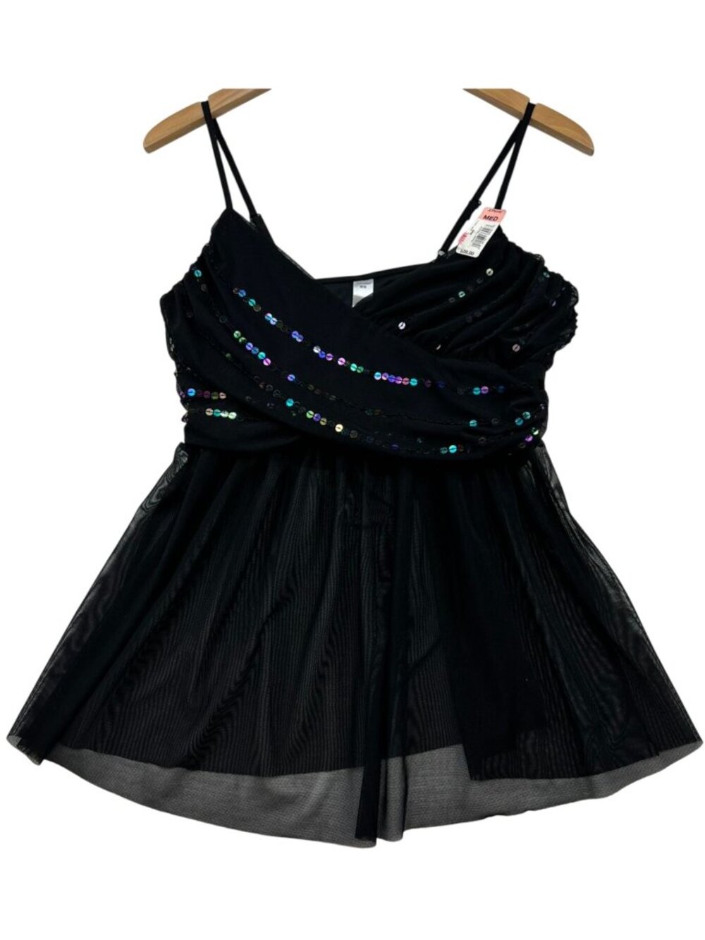 JCPenney Womens Sequin Mesh Sweetheart Flare Chemise Top Size M Black